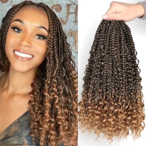 Trenzas de caja bohemia de 14 pulgadas, 7 paquetes de trenzas de caja Goddess de cabello de ganchillo preanudado para mujeres negras, cabello 1B/27