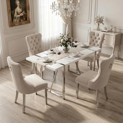 Miniatura 19 de Juego de mesa de comedor negra para 4, parte superior negra brillante de 55 pulgadas con patas de metal dorado, juego de mesa de comedor moderno