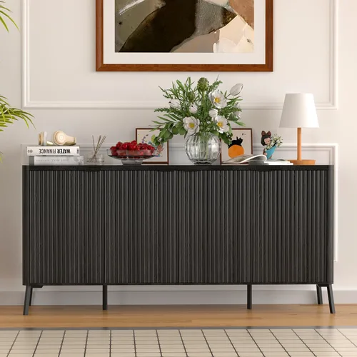 Miniatura 3 de Armario buffet, aparador grande de 63 pulgadas con almacenamiento, aparador moderno acanalado con 4 puertas, gabinete de almacenamiento de madera
