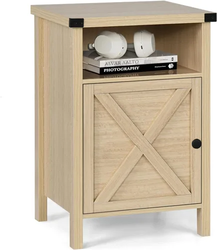 Mesa Auxiliar de Granja, Mesa Lateral, Mesita de Noche, Mesa Auxiliar con Puerta de Granero y Estante, Mesita de Noche Moderna y Rústica para Natural