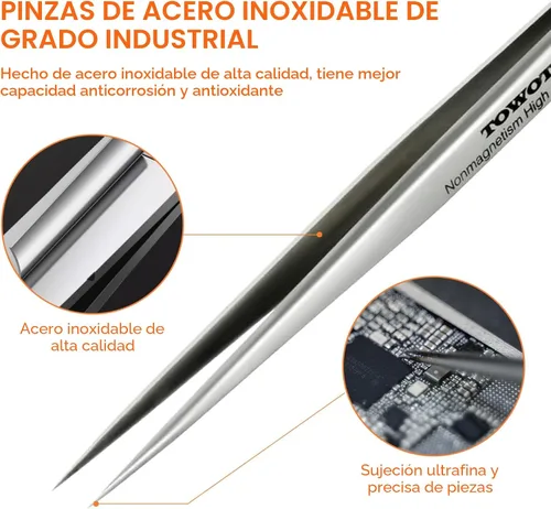 Miniatura 2 de TOWOT Pinzas de precisión, pinzas puntiagudas de acero inoxidable para manualidades, electrónica, soldadura, trabajo experimental, fabricación