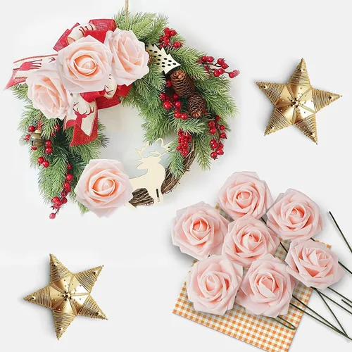 Miniatura 4 de Higfra Flores artificiales, 25 rosas falsas de espuma de aspecto real con tallos para ramos de boda, centros de mesa de despedida de soltera, Brillo
