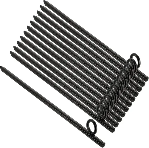 ZOOFOX Paquete de 12 unidades de ancla de tierra de 17 pulgadas en negro, estacas de refuerzo de acero resistentes con bucle, estacas de tienda