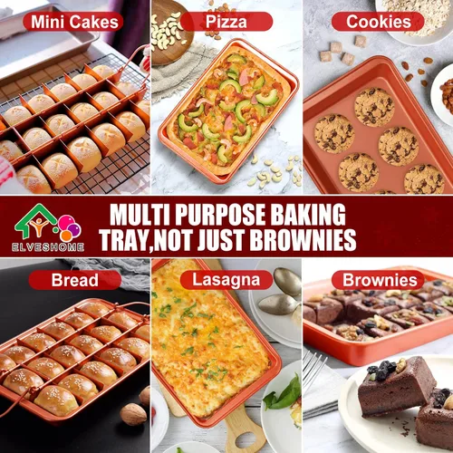 Miniatura 3 de Bandeja para brownie con divisores, bandeja para brownies con cortador, sartén antiadherente para hornear brownie con cepillo para espátula, moldes