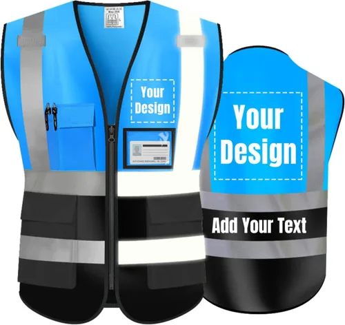 Chaleco de seguridad de alta visibilidad con tiras reflectantes con logotipo personalizado, chaleco de uniforme de trabajo de equipo (S, azul negro)