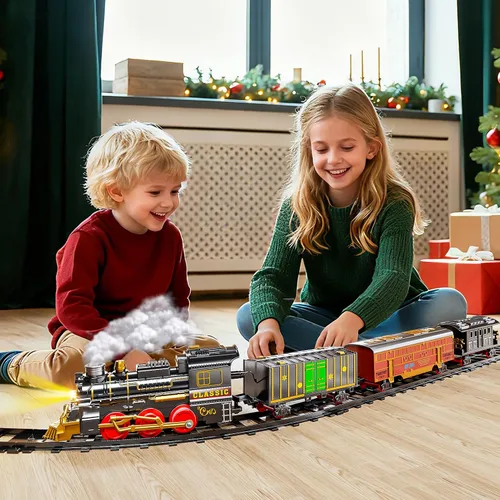 Miniatura 7 de Juego de tren de Navidad para niños, juguetes de pista de tren de 2 capas con humo, luz y sonido, vías de tren de construcción para niños de 4 a 8