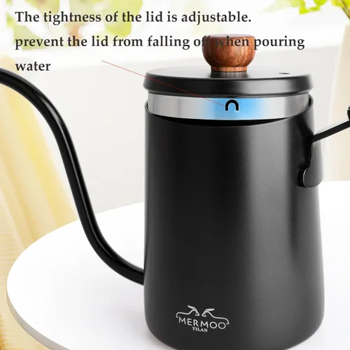 Miniatura 4 de MERMOO YILAN Hervidor de café para verter sobre cafetera, 20.3 fl oz, tetera de cuello de cisne, hervidor de acero inoxidable con mango Negro