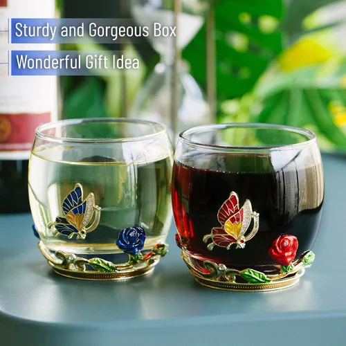 Miniatura 5 de BTAT - Juego de 2 copas de vino sin tallo, 10 onzas, rojo/azul, diseño de mariposa y flor con caja de regalo, copas de vino florales
