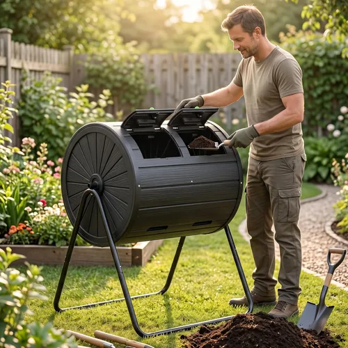 Miniatura 6 de DRATO Contenedor de compostaje para exteriores, 37.5 galones, para todas las estaciones, doble cámara para jardín, cocina, patio, exterior (negro)