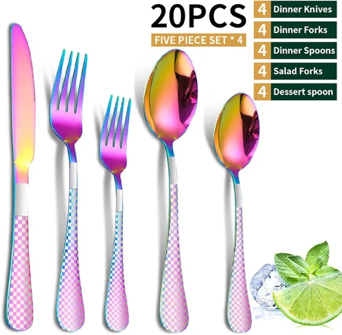 Miniatura 3 de Vilihkc Juego de cubiertos de 20 piezas de acero inoxidable para 4 personas, incluye tenedores y cucharas de cuchillos, estampado colorido a Con