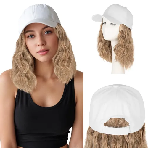 Miniatura 20 de S-noilite Peluca de gorra de béisbol de 6 pulgadas con peinado Bob y extensiones de cabello, gorra de béisbol recta ajustable para mujer