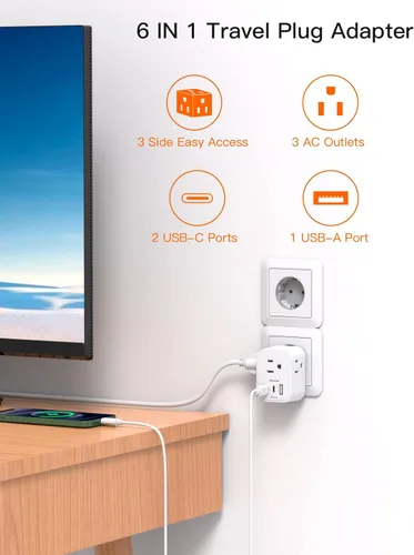 Miniatura 2 de Paquete de 2: adaptador de enchufe de viaje europeo, adaptador de enchufe de alimentación internacional BESHON con 3 tomas, 3 puertos USB (2 USB C)