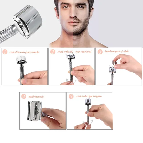 Miniatura 5 de Navaja de afeitar de seguridad de doble filo de acero inoxidable con 20 piezas de acero inoxidable, juego tradicional de afeitar de doble filo