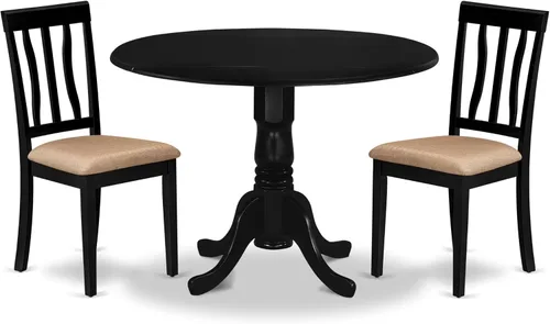 East West Furniture DLAN3-BLK-C Juego de mesa de comedor de 3 piezas para espacios pequeños contiene una mesa de comedor redonda con gotas y 2