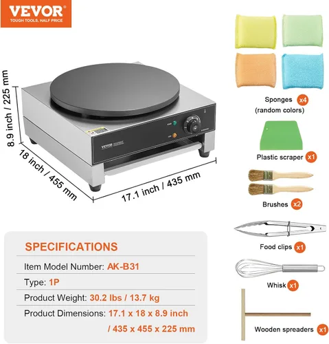 Miniatura 7 de VEVOR máquina eléctrica para hacer crepés, máquina comercial para crepés de 16 pulgadas, plancha plana de 1700W para crepes, máquina antiadherente