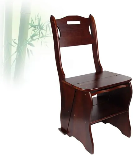 Miniatura 5 de Silla plegable de madera para biblioteca, taburete multifuncional 2 en 1, ligero, portátil, multifuncional, taburete de 4 escalones de doble Nogal