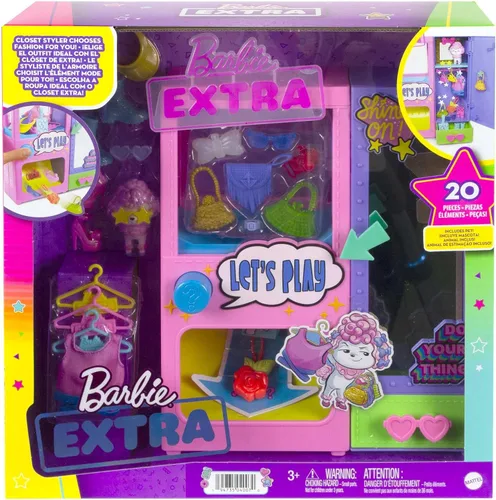 Miniatura 8 de Barbie Juego de moda extra sorpresa con 20 piezas, incluyendo caniche para mascotas, armario y función de botón que dispensa accesorios de moda