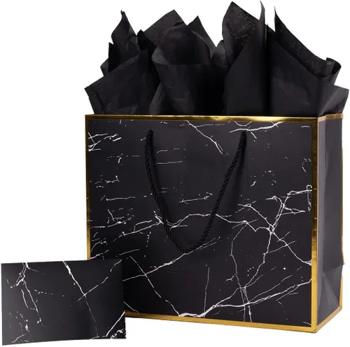 ysmile Marble Black 12" Bolsa de regalo premium de mármol negro con papel de seda para cumpleaños, aniversario, día del Padre Large ancho (paquete