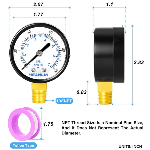 Miniatura 2 de MEANLIN MEASURE Medidor de presión de bomba de pozo de 0-100 psi, esfera de cara de 2 pulgadas, NPT de 1/4 pulgadas para bomba de pozo, probador