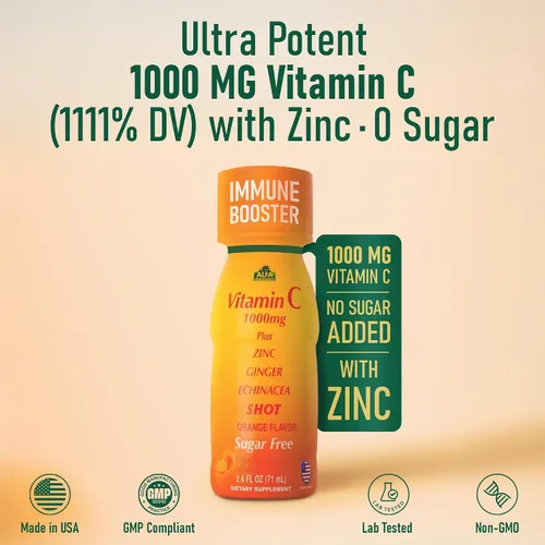 Miniatura 4 de ALFA VITAMINS Disparo de vitamina C de 1000 mg con zinc, jengibre y equinácea - Apoya la salud inmunológica y el bienestar diario - Sabor naranja