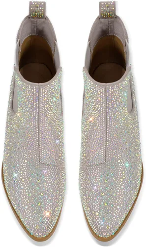 Miniatura 3 de VERISSON Point Toe Western Botas Chelsea Silver Glitter Rhinestone Block Tacón Vaquero Botín 6CM