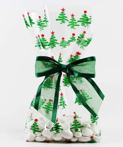 Saybrook Products Bolsas navideñas de celofán con lazo de organza con lazo de organza con lazo giratorio. Juego de 10 bolsas reforzadas de 11 x 5 x