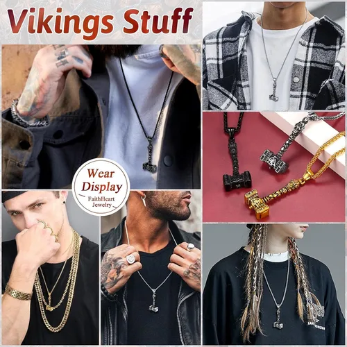 Miniatura 3 de FaithHeart - Collar con talismán de martillo de Thor vikingo para hombre, amuleto nórdico vintage de Mjolnir, colgante con cadena de trigo