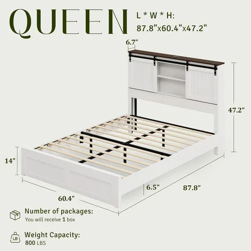 Miniatura 2 de Base de cama tamaño Queen con almacenamiento, puerta corrediza de granero, cama de plataforma de madera de granja con luz de lectura y estación