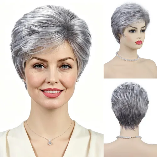 Pelucas cortas gris plateadas para mujeres blancas, pelucas sintéticas con corte pixie natural y a capas con flequillo, peluca corta de pelo gris