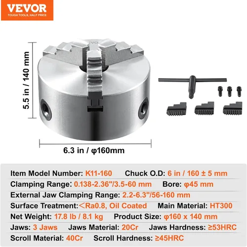 Miniatura 7 de VEVOR Mandril de torno de 3 mordazas, mandril de torno autocentrante de 6'', rango de sujeción de 0.14-6.3 pulgadas/3.5-160 mm con tornillos