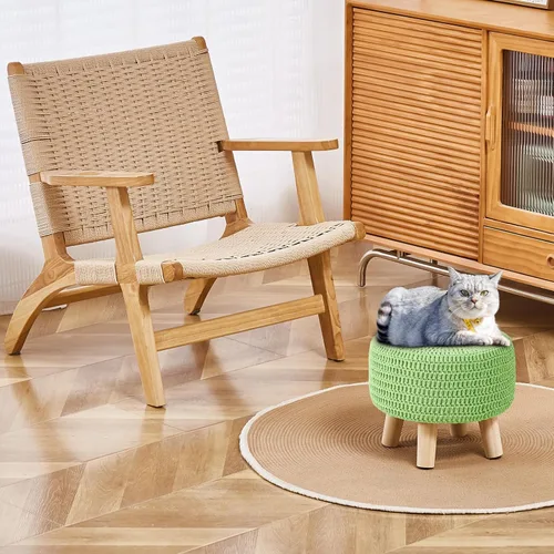 Miniatura 2 de Wimarsbon Puf otomano, reposapiés bohemio de punto 100% algodón, reposapiés redondo con patas de madera antideslizantes, decoración del hogar, puf