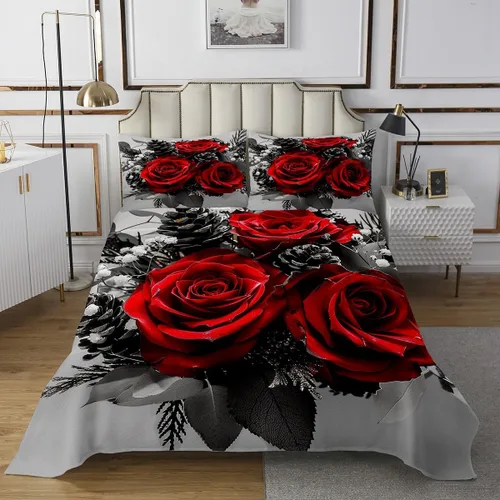 Miniatura 6 de Juego de colcha de rosas tamaño Queen, romántico juego de edredón floral de rosas rojas para niñas y mujeres, ropa de cama de rosa 3D con gota