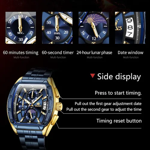 Miniatura 7 de OLEVS Relojes para Hombres Cronógrafo Impermeable Cara Rectangular Fase Lunar Correa de Acero Inoxidable Relojes de Vestir para Hombres Luminoso