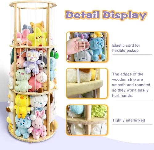 Miniatura 4 de Torre giratoria de almacenamiento de animales de peluche, organizador de juguetes de peluche de madera de 51 pulgadas de alto