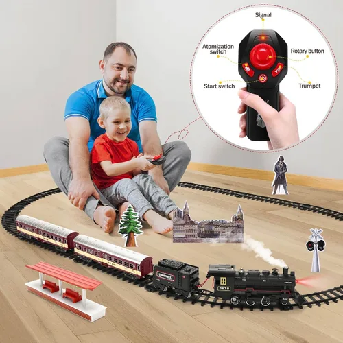 Miniatura 5 de Conjunto de tren para niños, locomotora con control remoto bajo el árbol de Navidad, tren eléctrico de juguete con vagones y vías largas, regalo