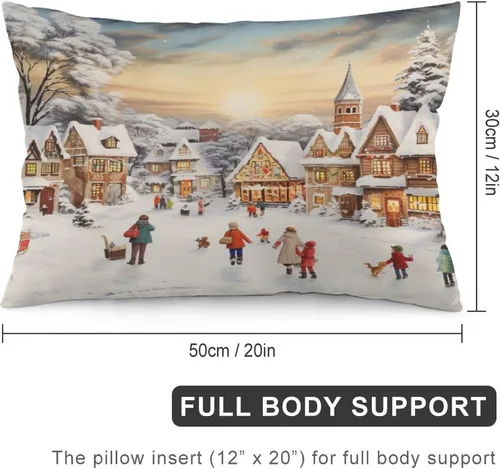 Miniatura 2 de Funda de almohada con escena de pueblo navideño con niños, fundas de almohada de 12 x 20 pulgadas, almohadas decorativas de Navidad para sofá, funda