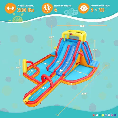 Miniatura 6 de AKEYDIY Tobogán acuático inflable de doble carril, tobogán acuático de rebote para niños de 3 a 12 años, parque acuático con tobogán de carreras