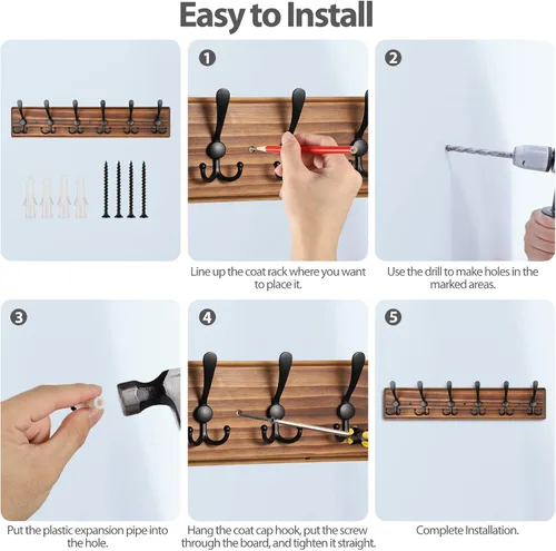 Miniatura 7 de Perchero de Pared de Montaje en Pared, Perchero de Pared de Madera Resistente para Pared, 6 Ganchos Triples para Colgar Abrigos, Chaqueta, Sombrero