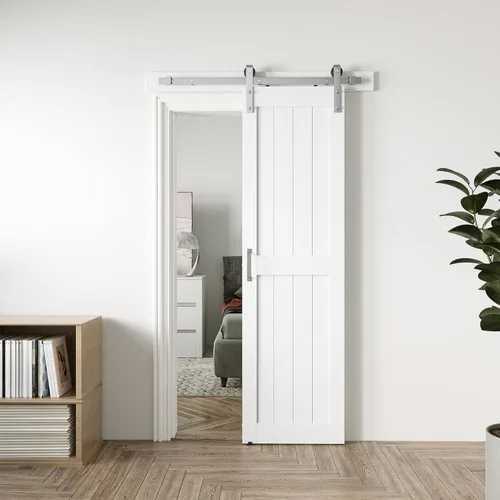 Miniatura 13 de Puerta corrediza de granero MDF de 30 x 80 pulgadas con kit de herrajes para puerta de granero de 5 pies, losa para puerta de granero con superficie