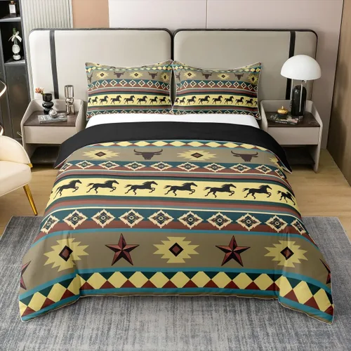 Miniatura 29 de Juego de ropa de cama 100% algodón exótico con funda de edredón individual, diseño tribal, suroeste americano, étnico, bohemio, abstracto