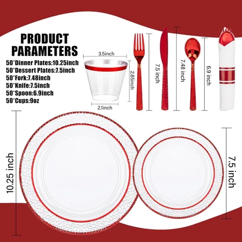 Miniatura 8 de Ciaell 350 platos de plástico transparente y rojo – Juego de vajilla roja del 4 de julio para 50 invitados incluye 100 platos de plástico, 50 Claro