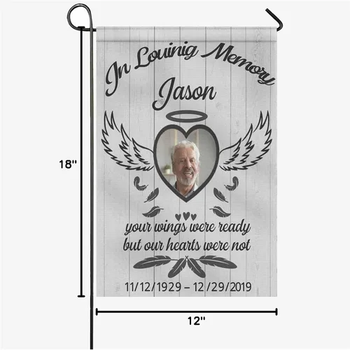 Miniatura 7 de Bandera conmemorativa personalizada para jardín, en memoria amorosa, bandera de condolencias personalizada con nombre y fecha de foto, banderas