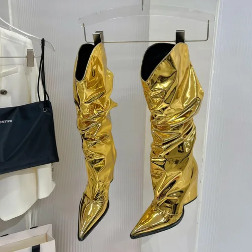 Miniatura 28 de Vertundy Botas altas hasta la rodilla metálicas con punta puntiaguda para mujer, botas altas de tacón alto de charol plisadas, botas largas plisadas
