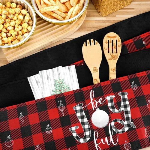 Miniatura 7 de Bencailor 4 Pcs Christmas Server Waitress Aprons with 4 Pockets Buffalo Plaid Half Waist Apron for Xmas Restaurant Party