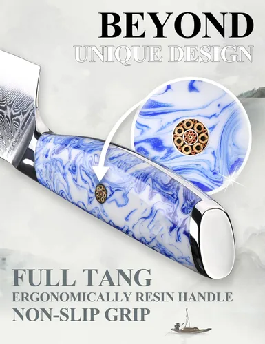 Miniatura 6 de SHANGDAO Juego de cuchillos de cocina de Damasco con bloque magnético para cuchillos, 5 cuchillos de cocina afilados hechos de acero japonés