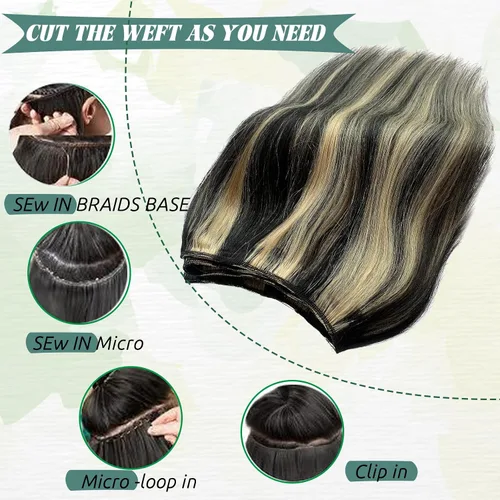 Miniatura 4 de Extensiones de cabello cosidas de cabello humano real, balayage de negro brillante a rubio dorado, paquete de extensiones de cabello humano