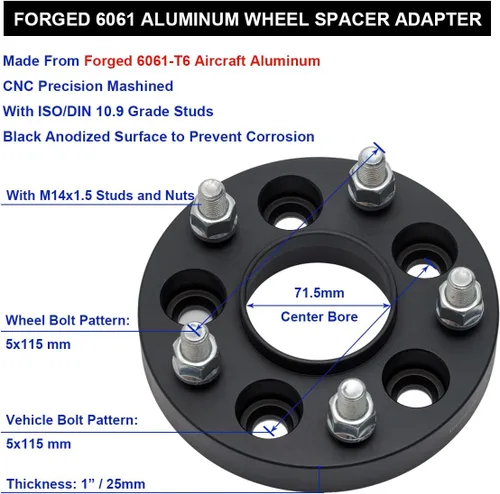 Miniatura 5 de Espaciadores de rueda centrados en el cubo forjados negros 5x114 1 pulgada con pernos 14x1.5 de 71.5mm de diámetro de buje Compatible con Dodge de 5