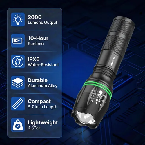 Miniatura 2 de HAUSBELL T8 Linternas led brillantes y tácticas mejoradas, con acercamiento, lúmenes altos y cinco modos, accesorios de campamento, paquete de 2 T8