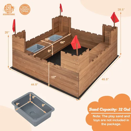 Miniatura 8 de HONEY JOY Caja de arena para niños, pozo de arena sin fondo de cedro para patio trasero, 4 banderas rojas y forro inferior, banco lateral y 2 cajas