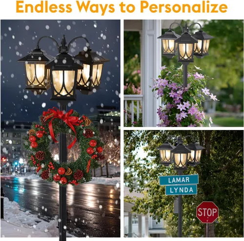 Miniatura 6 de Lámpara solar de poste de 3 cabezales, luces solares de 73 pulgadas para exteriores, impermeables, 60Lm 3000K luces de camino para jardín, césped